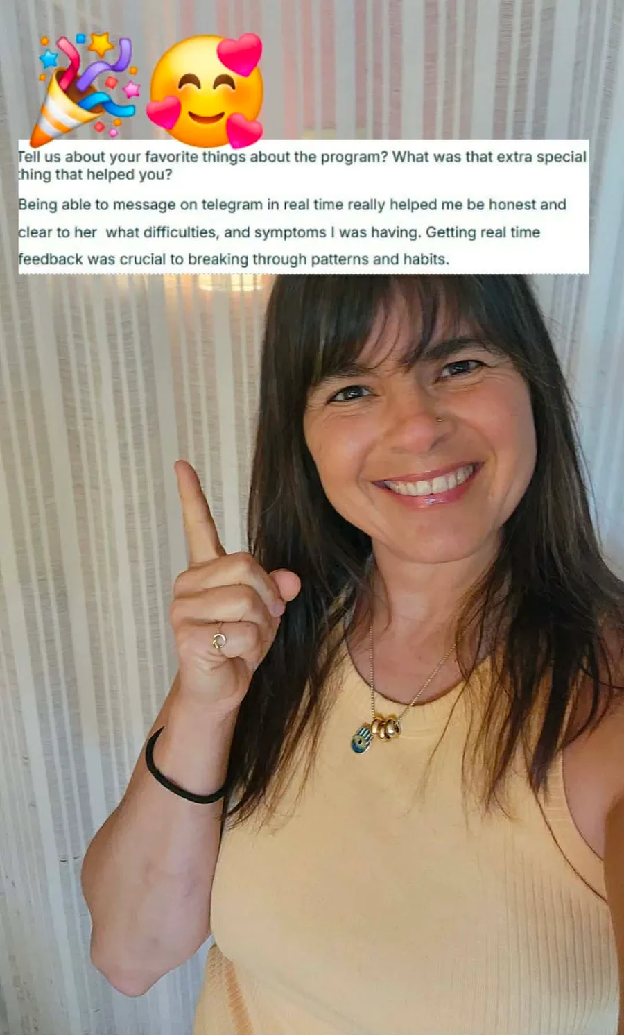Briana Sabaj smiling and pointing up, with a client testimonial about the Natural Health Hotline overlaid