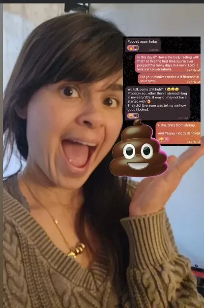1:1 client celebrating six days in a row of regular, easy elimination during her Parasite Eviction cleanse