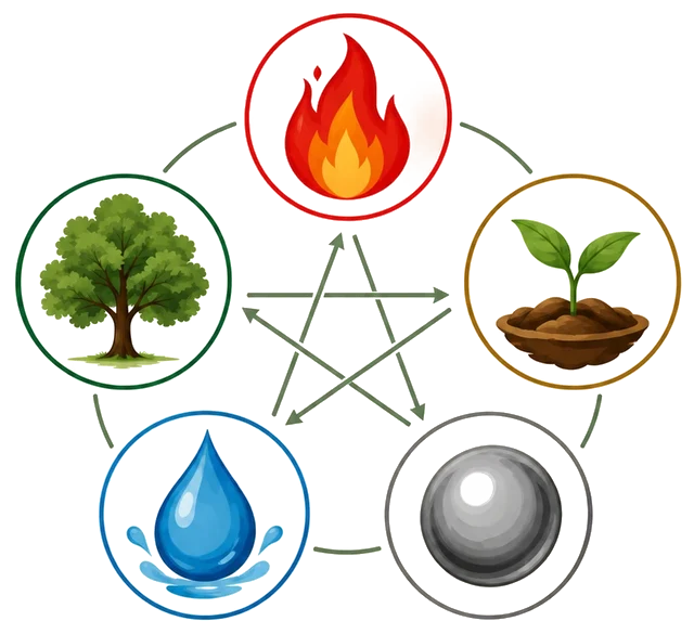 The Five Elements in a cycle: Fire, Earth, Metal, Water and Wood