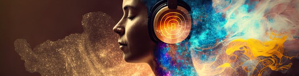 Healing Sounds and Sound Therapy. sound vibrations open, clear, and balance chakras and energy. Woman in headset in sound healing therapy and meditation. AI generative.